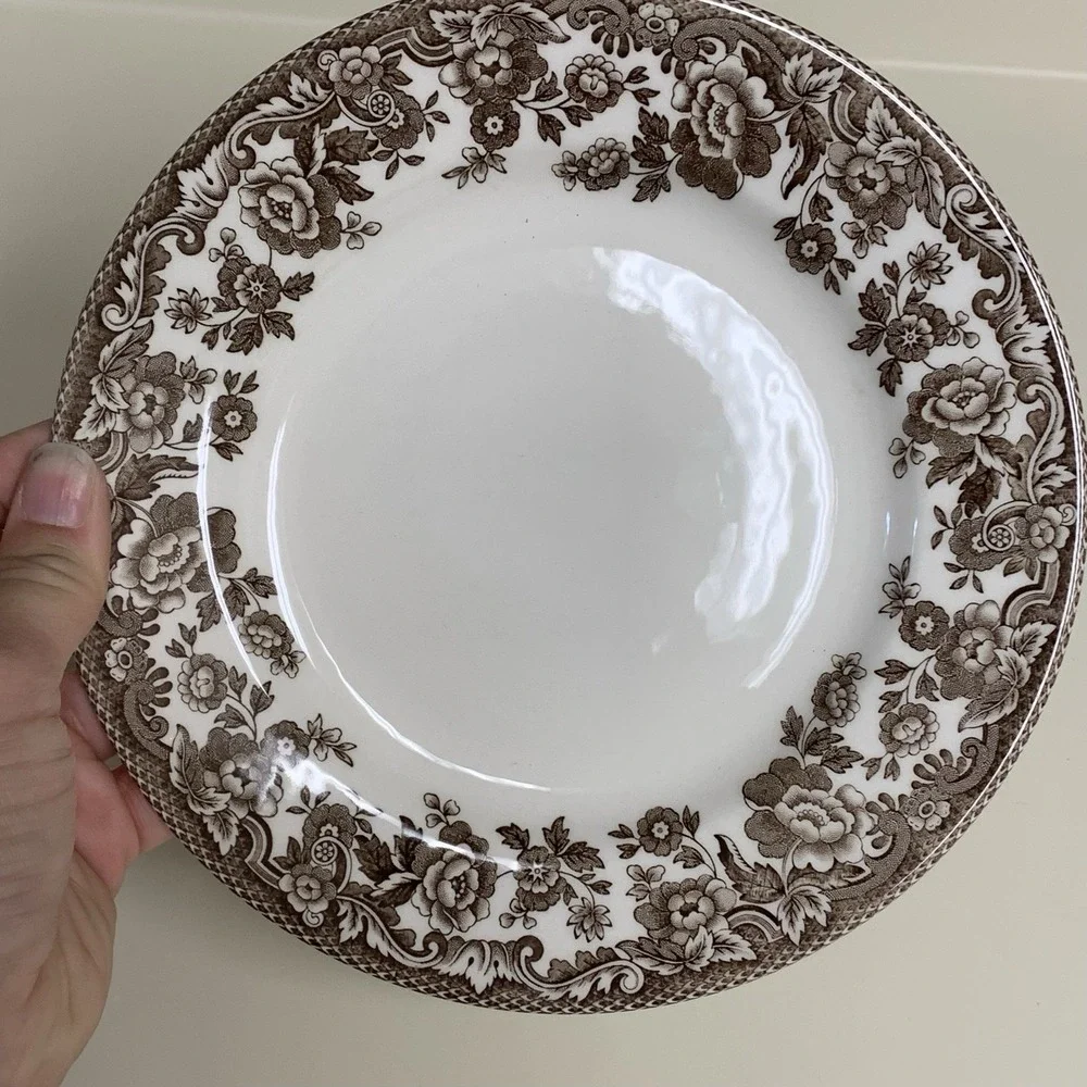 3 Spode Delamere Brown Earthenware Salad Plate England Imperial Flower Rim 7 7/8